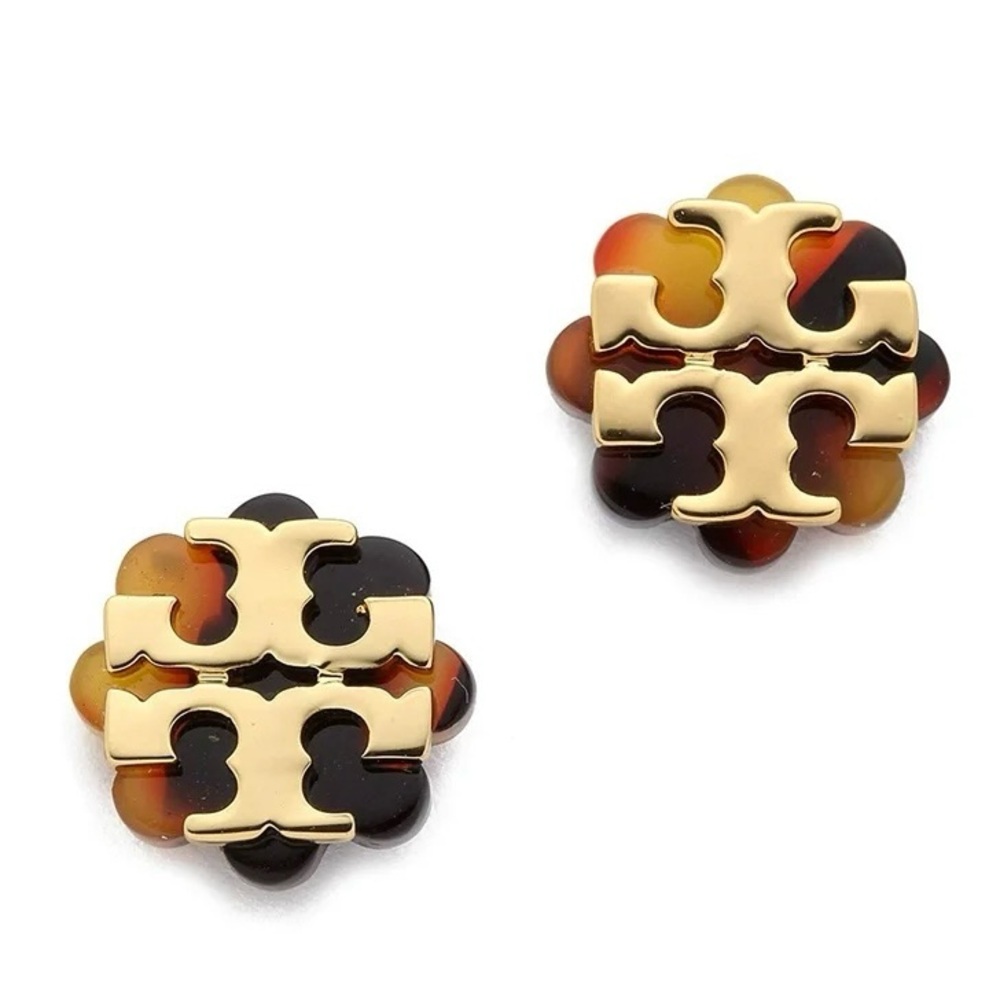 Tory Burch RARE Tortoise Flower Logo Resin Stud Earrings